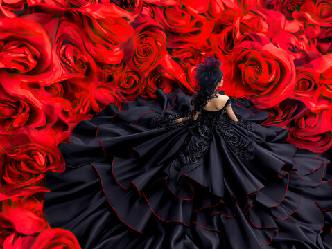 Woman in Black Dress Surrounded by Red Roses. Generative AI