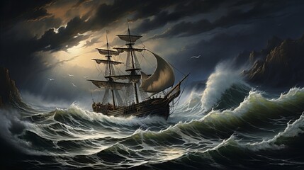 Fearless pirate ship braving stormy seas with jolly roger flag in dramatic scene