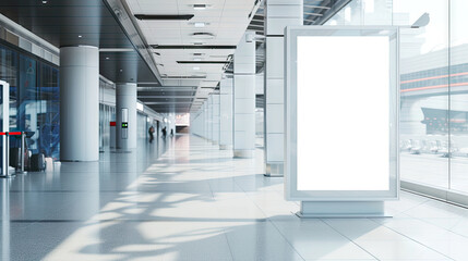 A mockup poster displayed on a street in an airport, featuring a sleek white background and a stunning futuristic cityscape in the backdrop