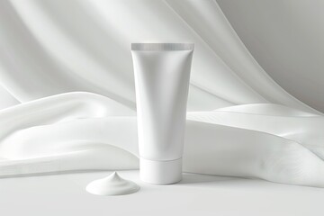 A white cream tube in a commercial photo created for advertising project, featuring a fashionable composition with additional elements against a colored background