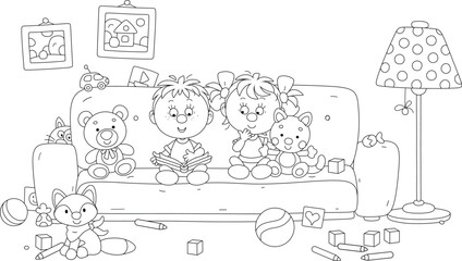 Happy little boy and girl among their funny toys reading an interesting children’s book with pictures on a sofa in a nursery playroom, black and white vector cartoon illustration for a coloring book