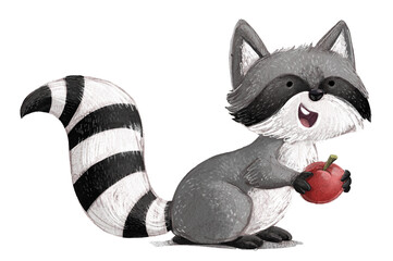 Illustration of funny raccoon eating an apple - 720635205