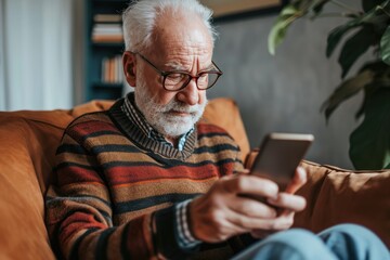 Senior man at home entering verification code in smartphone, fraud prevention concept.