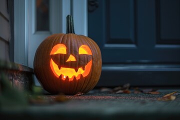 Obraz premium carved and illuminated jack-o-lantern on a doorstep House with halloween orange pumpkin decoration, jack o lanterns with spooky faces on porch