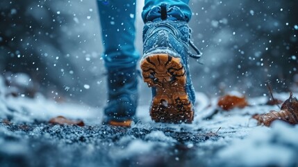 Winter Adventure. Close-Up of Runner's Legs Trekking Through Snow
