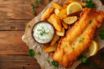 English fish and chips with tartar sauce and lemon wedges, garnished with fresh parsley on a parchment-lined wooden board