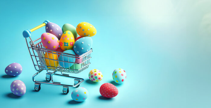 Colorful Easter Eggs in the shopping cart: Easter Sale Shopping background