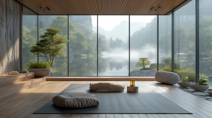 A serene meditation room with floor-to-ceiling windows, a cozy meditation cushion, and minimalist decor inspired by nature, offering a peaceful retreat for mindfulness and relaxation.