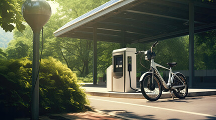 Electric bike parked at a charging station with lush greenery. - obrazy, fototapety, plakaty