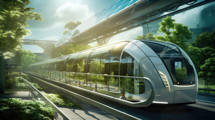 Naklejka premium Sleek monorail gliding through a lush green landscape with futuristic architecture.
