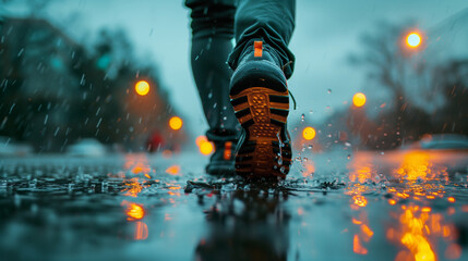 Man walking on the street in rain. Close up of shoes