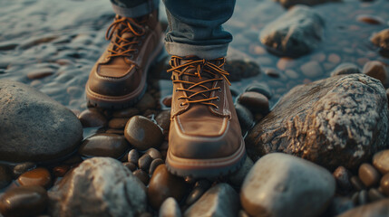Walking boots on pebbles at the beach - Powered by Adobe