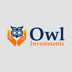 blue owl with a sign, owl logo design