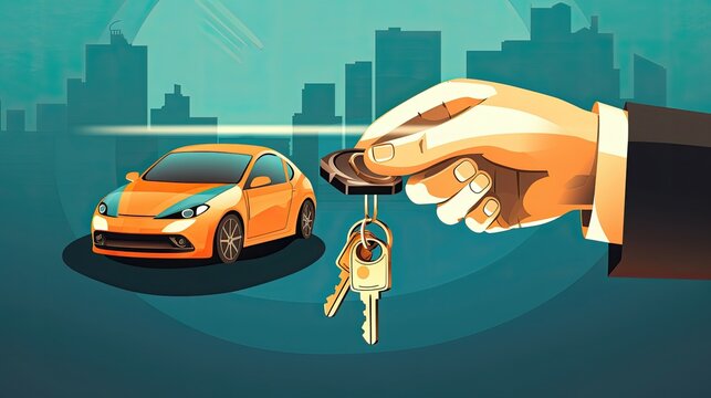 Illustration of a hand giving car keys with an orange car in the background.