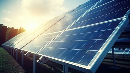 Solar panels aligned in rows with the sun gleaming above.