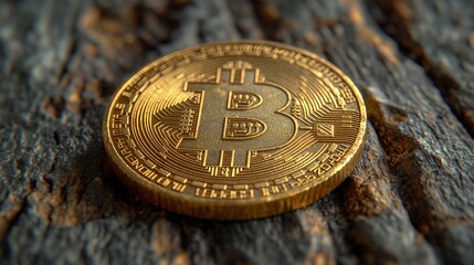 Bitcoin coin lies on a wooden table, close shot. Generative AI