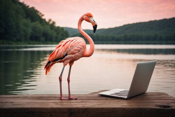 pink flamingo working on laptop on lake background, business technology with sustainability concept, nature saving technology