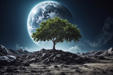 tree on the moon, astronomy banner with full moon - obrazy, fototapety, plakaty