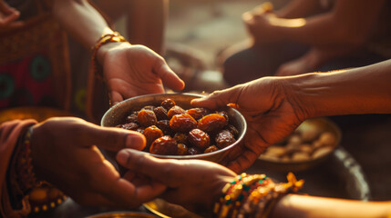Several hands reaching into a wooden bowl filled with dates.