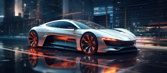 Futuristic modern high speed sport car driving in the city at night with neon light. AI generated - obrazy, fototapety, plakaty