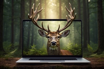 deer on screen of laptop on table in green forest, business technology with sustainability concept, nature saving technology