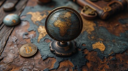 Bitcoin coin lies on the world map. Generative AI