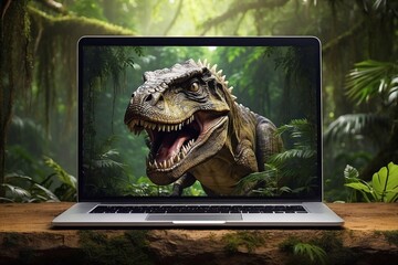 dinosaur on screen of laptop on table in jungle forest, business technology with sustainability concept, nature saving technology