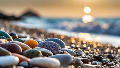 Close-up shot of multicolored sea polished stones, rolled pebbles on the seashore texture gems, ocean in the background, sunset, copyspace on a side - obrazy, fototapety, plakaty