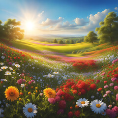 Flowers background, landscape panorama - Garden wild field of beautiful blooming spring or summer flowers on meadow, with sunshine and blue sky