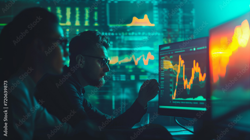 Poster individuals are analyzing financial data on multiple computer screens in a dark room illuminated by the glow of the monitors