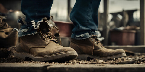 A man in old torn pants and old shoes. A poor man - obrazy, fototapety, plakaty