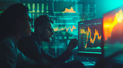 Obraz premium individuals are analyzing financial data on multiple computer screens in a dark room illuminated by the glow of the monitors