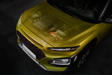 The idea of showing a hybrid engine under the hood of a car. The engine is visible through the...