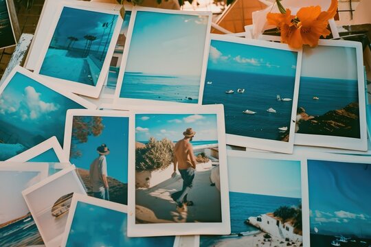 Spain, Lanzarote, variety of instant film travel photos laid out on a table