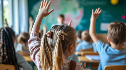 Fototapeta premium classroom scene with students raising their hands to answer a question or participate in the lesson