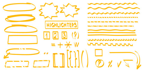 Highlighters line in doodl style.Underline, round, arrows, punctuation marks, Numbers, . Highlighters, hand drawn underline. Handwritten notes for text , screen. Vector illustration