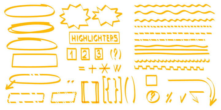 Highlighters line in doodl style.Underline, round, arrows, punctuation marks, Numbers, . Highlighters, hand drawn underline. Handwritten notes for text , screen. Vector illustration