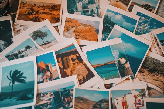 Spain, Lanzarote, variety of instant film travel photos laid out on a table 