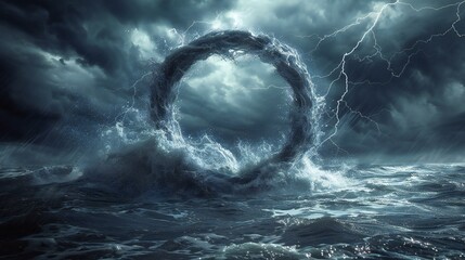 A tempestuous ocean with a swirling water portal under a lightning-struck sky. - obrazy, fototapety, plakaty
