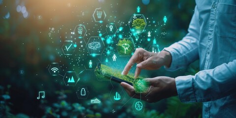 Person engaging with a futuristic digital interface, sustainability concept