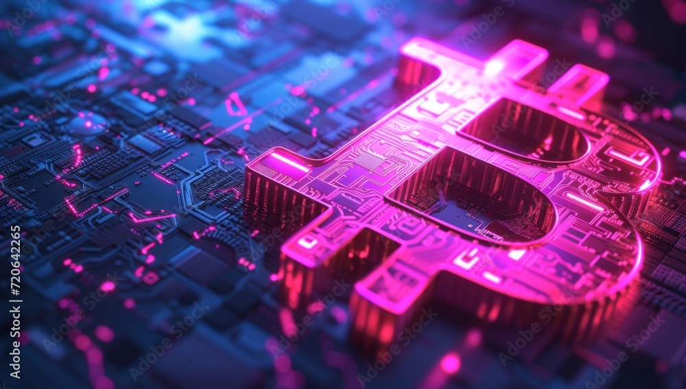 Poster bitcoin symbol with colorful lights on a background generative ai