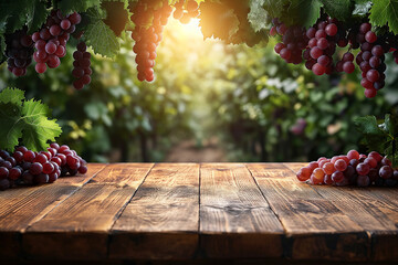 grape plantation, wooden surface, template, bunches of grapes, advertising - obrazy, fototapety, plakaty