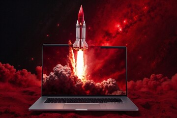 red rocket launch from laptop display, present portable technology, digital device tech evolution