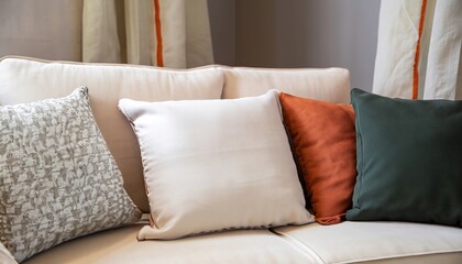 sofa and pillows, French country home interior design of modern living room, Close up of fabric sofa with white and terra cotta pillows