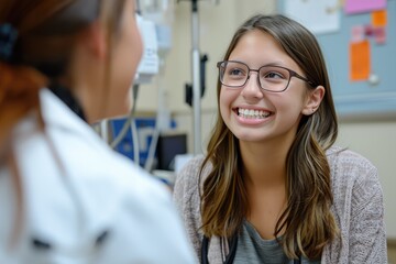 Fototapeta premium The young adult female patient smiles while listening to the nurse give an encouraging update regarding her medical exam that was recently completed. 