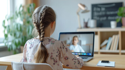 young girl engaged in an online learning session, writing notes while participating in a video call with a teacher on her laptop at a home study setup