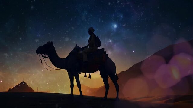 Silhouette a man with camels in the desert at night, Seamless Animation Video Background in 4K Resolution	