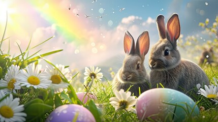Easter blessings abound in this picturesque scene: bunnies, vibrant eggs, and daisies under a serene sky.