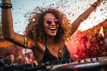 Beautiful woman having fun on her dj set.Mixing outdoors during a summer beach party.