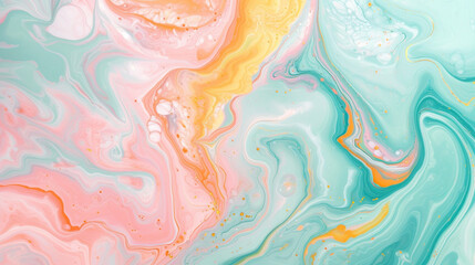 Pastel pink, mint green, light blue, yellow and orange marble background